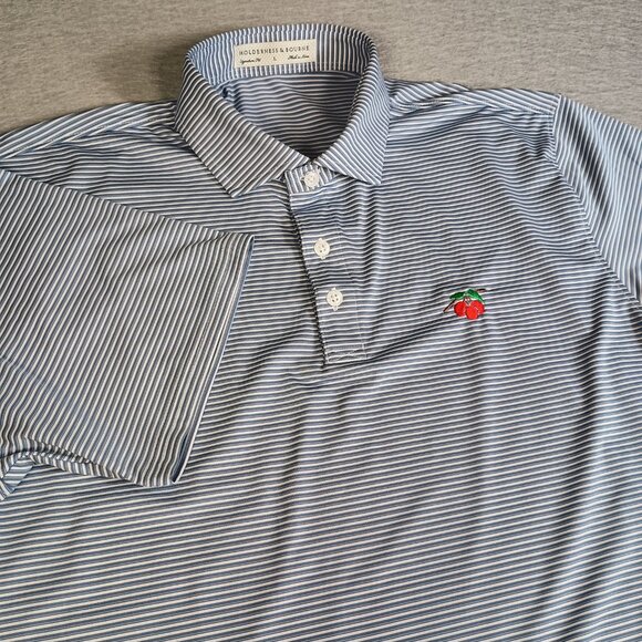 Holderness & Bourne Men L Blue Striped Performance "Cherry Hills" Golf Logo Polo - Picture 1 of 8